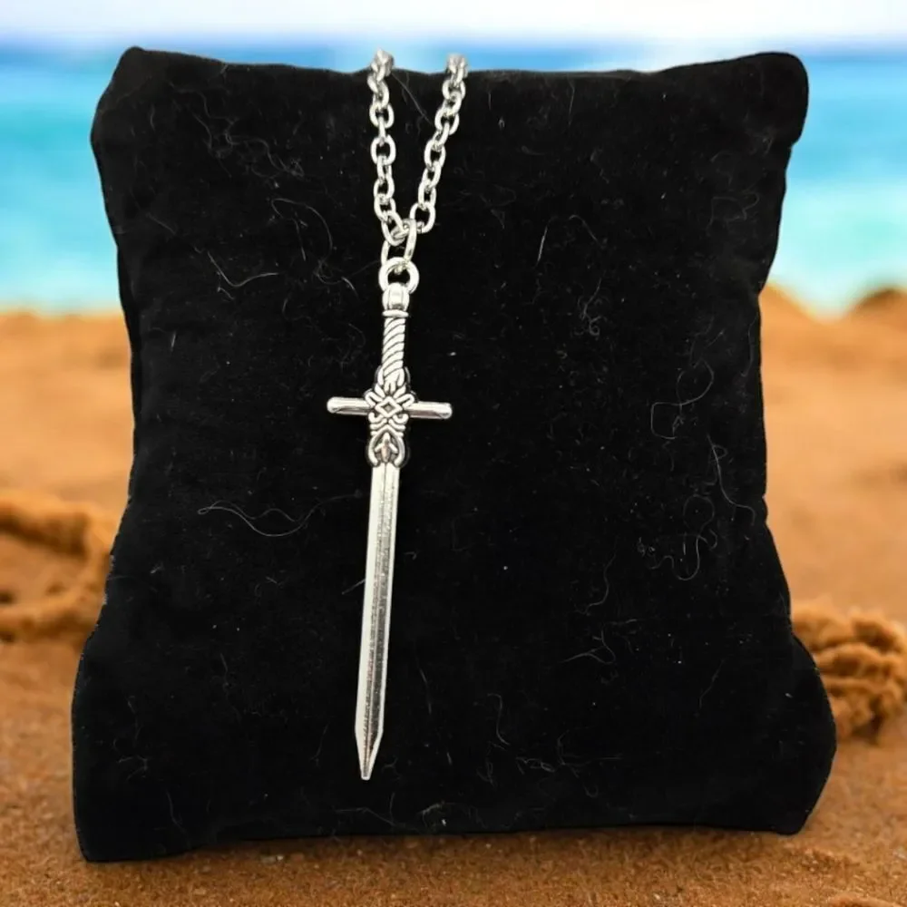 Gothic Sword Cross Pendant Necklace Medieval Dagger Silver Chain 18